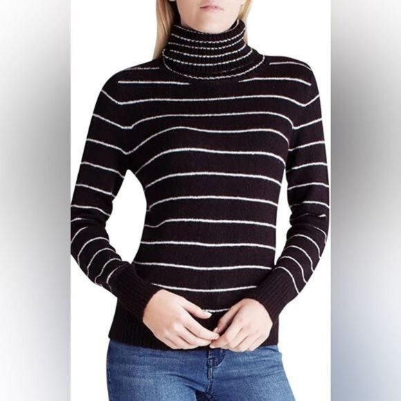 Kensie Soft Fuzzy Black & White Striped Turtleneck Sweater Large NWT - Picture 1 of 7